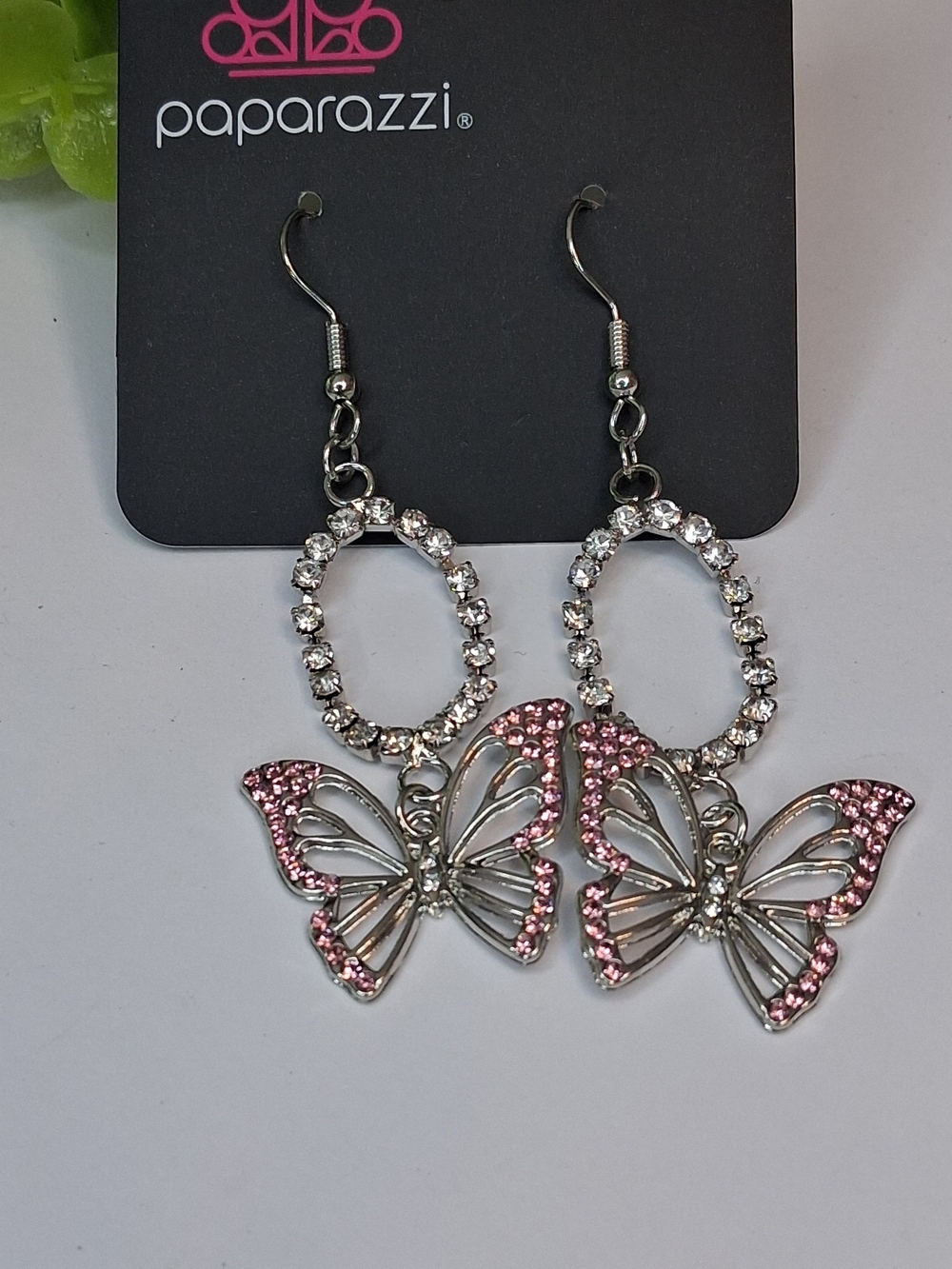 Pink and Clear Crystal Butterfly Dangle Earrings